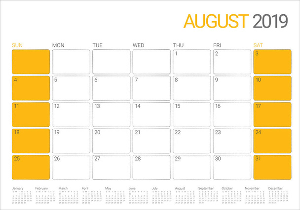 Август 2019 настольный календарь векторная иллюстрация, простой и чистый дизайн
. - Вектор,изображение