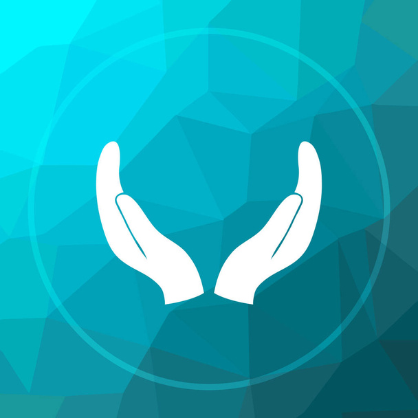 Icono de manos protectoras. Proteger las manos botón del sitio web sobre fondo azul de poli baja
 - Foto, Imagen