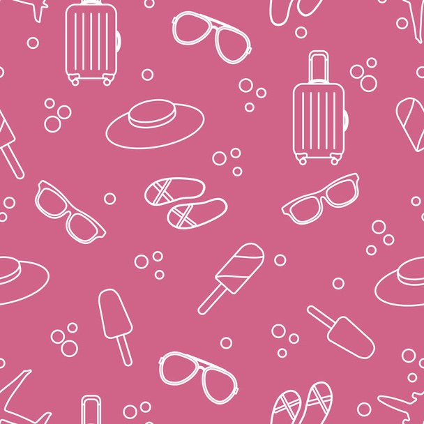 Seamless pattern with suitcase, ice cream, hat, sunglasses, beach slippers. Summer rest concept. - Вектор,изображение