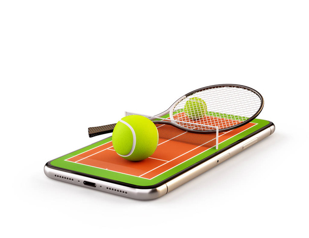 Unusual 3d illustration of a tennis ball and racket on court on a smartphone screen. Watching tennis and betting online concept. Isolated - Foto, Imagem