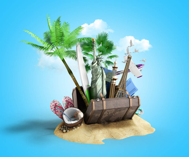 Concept d'attractions de voyage et de tourisme et valise marron pour Voyage illustration 3D onclue
  - Photo, image