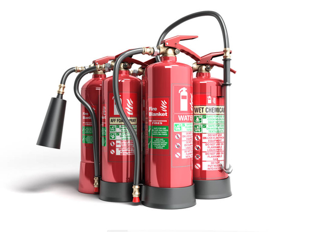 Fire extinguishers isolated on white background Various types of extinguishers 3d illustration - Foto, Bild