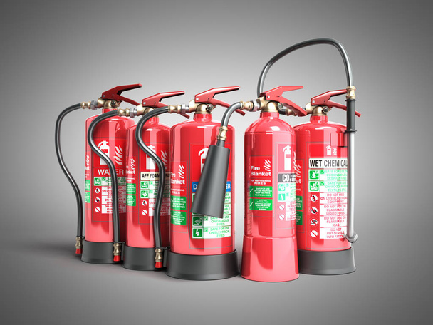 Fire extinguishers isolated on grey background Various types of extinguishers 3d illustration - Valokuva, kuva