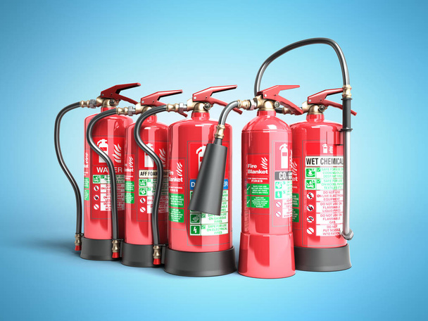 Fire extinguishers isolated on blue background Various types of extinguishers 3d illustration - Foto, Bild