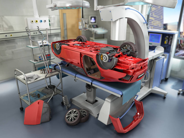 Modern concept of auto repair work Details of the red car on the surgical table 3D render - Fotografie, Obrázek