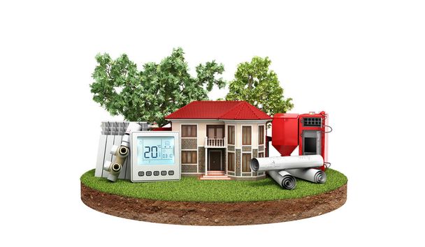 concept of energy saving house on a piece of land near wood boiler batteries thermostat temperature controller 3d render on white no shadow - Фото, изображение