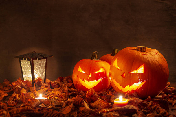 Calabazas de halloween espeluznantes en hojas secas por la noche
. - Foto, Imagen