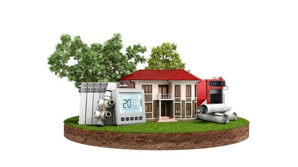 concept of energy saving house on a piece of land near wood boiler batteries thermostat temperature controller 3d render on white no shadow - Fotografie, Obrázek