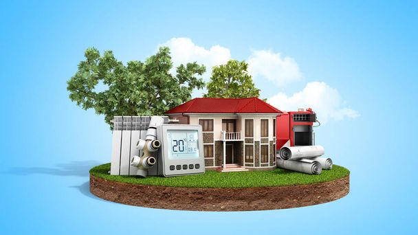 concept of energy saving house on a piece of land near wood boiler batteries thermostat temperature controller 3d render on blue - Photo, image