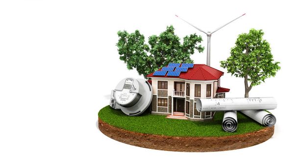 koncepce úspor domu se solárními panely a větrný mlýn na pozemku poblíž měřiče elektřiny 3d vykreslení na bílém - Fotografie, Obrázek