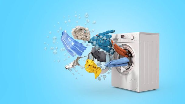 Washing machine and flying clothes on blue background - Fotografie, Obrázek