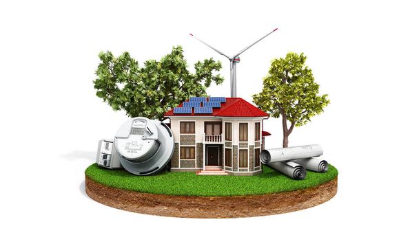 concept of energy saving house with solar panels and a windmill on a piece of land near the meter of electricity 3d render on white - Foto, Imagen