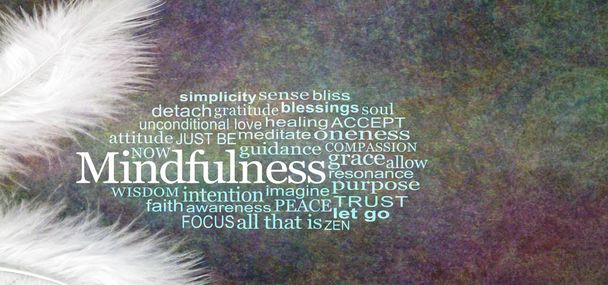 Angyali Mindfulness szó felhő rusztikus Banner - két fehér tollak, a Mindfulness szó felhő között, szemben a sötét háttér többszínű rusztikus grunge hatás - Fotó, kép