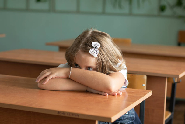 7 year old girl sits at school desk - Foto, Imagen