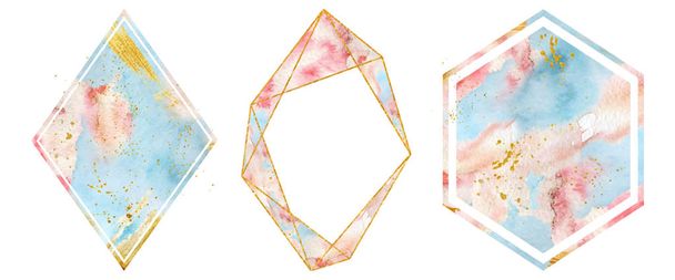 Watercolor gold frames set in soft pastel pink and blue colors. Polygonal heart shape.  - Vetor, Imagem