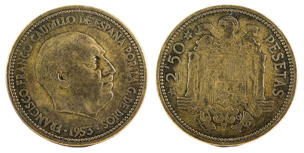 Old Spanish coin of 2,50 pesetas, Francisco Franco. Year 1953, 19 54 in the stars. - Photo, Image