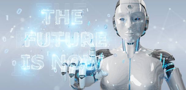 Mujer cyborg blanca sobre fondo borroso utilizando la futura interfaz de texto de decisión 3D renderizado
 - Foto, Imagen