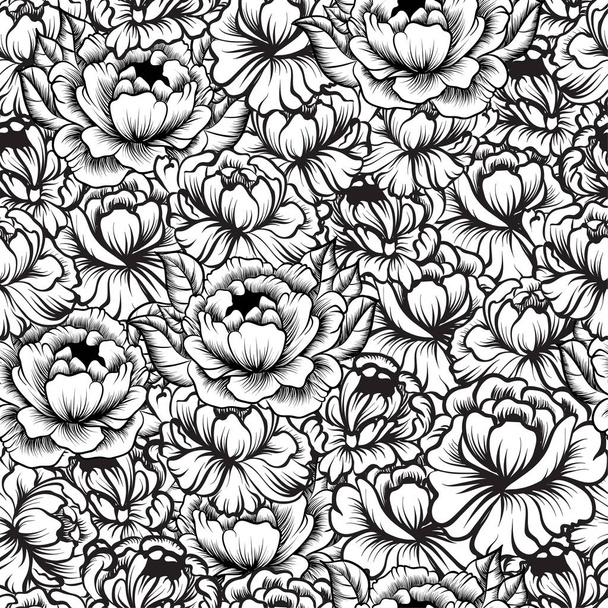 seamless pattern with line art drawings of peony - hand drawn vector illustration - Vektori, kuva