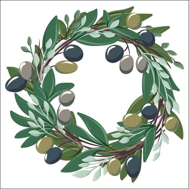 オリーブの葉とオリーブの丸い花輪 - ベクター画像