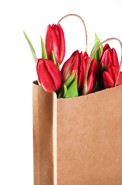 Brown bag with tulips - Фото, изображение