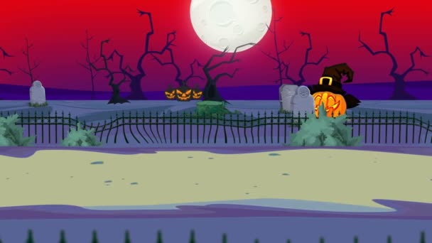 Хэллоуин, дорога с кладбищем, тыквы, страшные деревья в полнолуние. 2D-иллюстрация
 - Кадры, видео