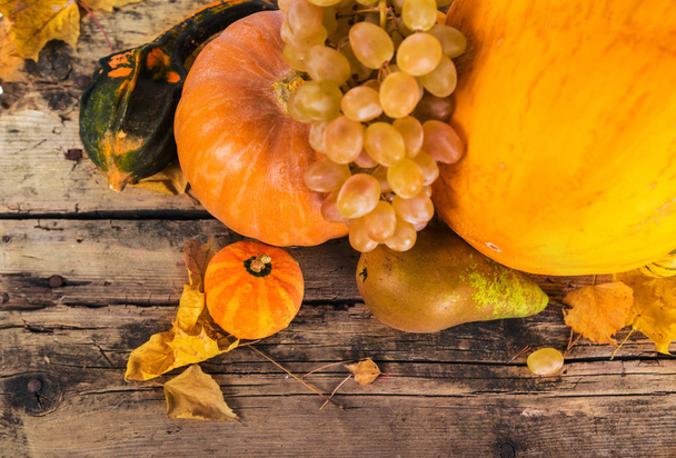 Pumpkin crop autumn yellow composition on wooden background - Foto, Imagen
