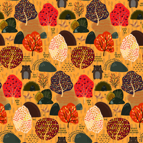 Seamless background with autumn stylized trees and bear. - Vektor, Bild
