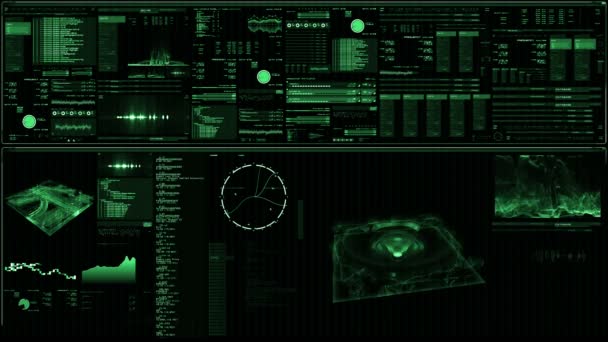 Perspective view of futuristic interface/Digital screen.Detailed abstract background with blinking and switching indicators and statuses showing work of command center, processing big data, machine deep learning, neural network system. - Footage, Video