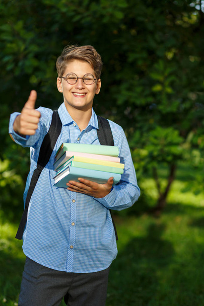 very cute, young boy in round glasses and blue shirt with backpack holds books in the park. Education, back to school concept - Photo, Image