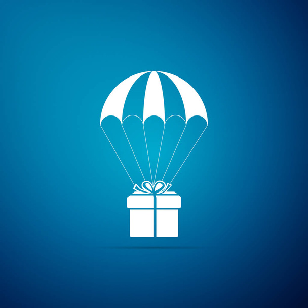 De doos van de gift vliegen op parachute pictogram geïsoleerd op blauwe achtergrond. Bezorgservice, lucht verzending concept, bonus concept. Platte ontwerp. Vectorillustratie - Vector, afbeelding