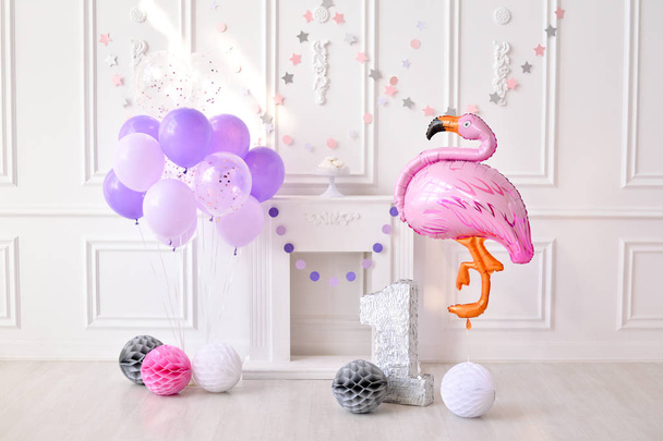 Girl birthday. Decorations for holiday party. A lot of balloons pink and white colors.  - Fotografie, Obrázek