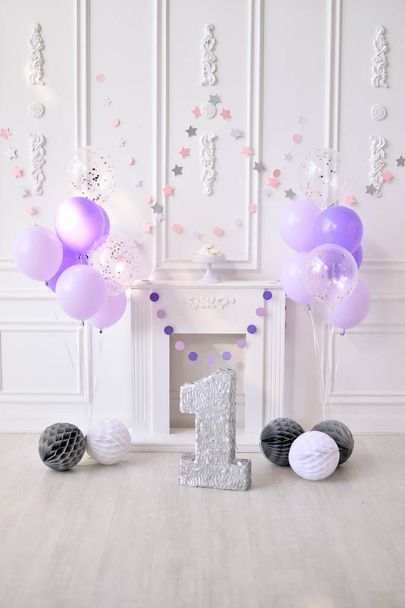 Girl birthday. Decorations for holiday party. A lot of balloons pink and white colors.  - Фото, зображення