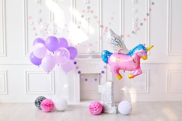 Girl birthday. Decorations for holiday party. A lot of balloons pink and white colors.  - Fotó, kép