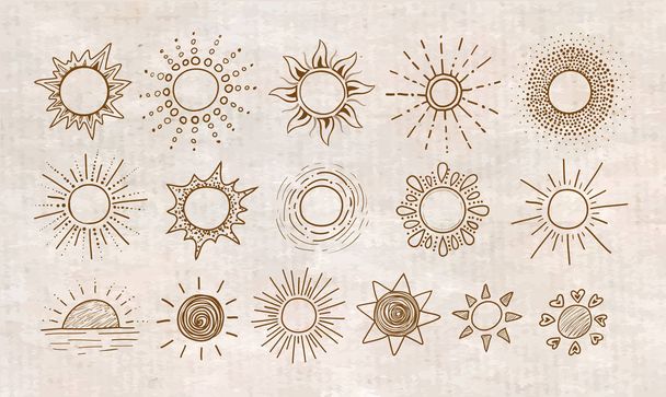 Doodle sketches of sun on brown parcel paper background. - Vetor, Imagem