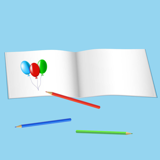 図面と色鉛筆ベクトル図の青い背景のスケッチ ブック - ベクター画像