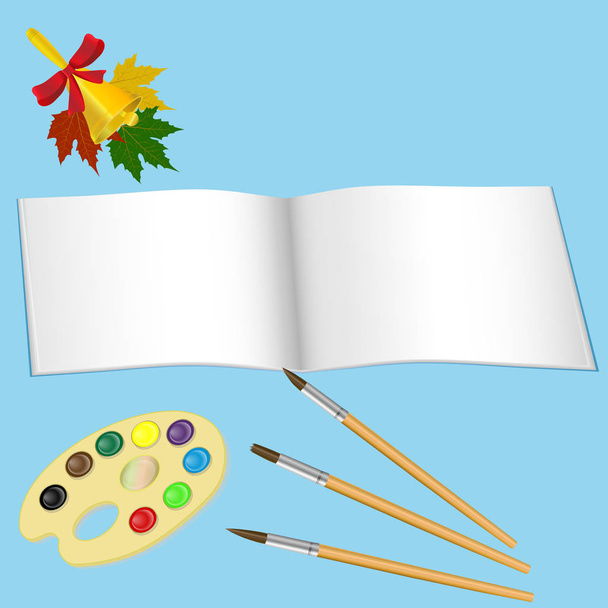 Sketchbook, palette with paints and brush, vector illustration blue background - Vector, Image