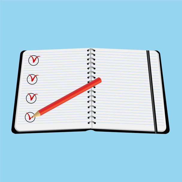 Notebook rode potlood en teek vectorillustratie geïsoleerd op witte achtergrond - Vector, afbeelding