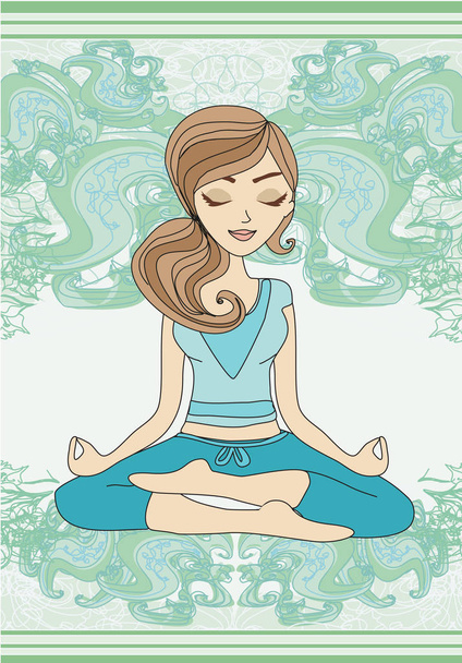 Yoga girl in lotus position card - Vetor, Imagem