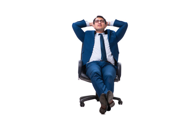 Бизнесмен, сидящий на стуле изолированный на белом
 - Фото, изображение
