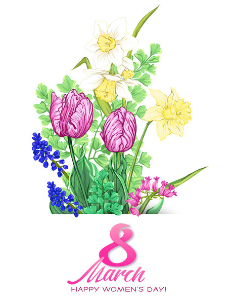 Bouquet of spring flowers for 8 March. Colorful realistic vector illustration - Вектор,изображение