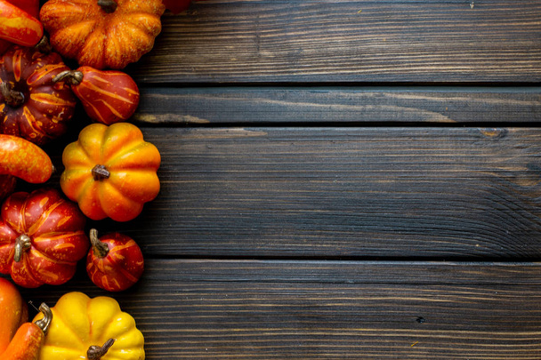 Fondo y marco de otoño de Acción de Gracias con hojas y pequeñas calabazas que rodean el marco
 - Foto, imagen