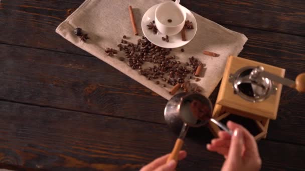 Person using spoon to scoop ground coffee into pot - Footage, Video