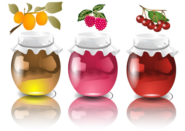 tres frascos con mermelada con albaricoque, frambuesa, mermelada de cereza
 - Vector, Imagen