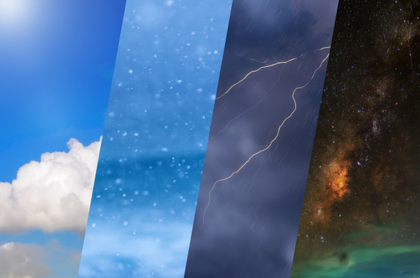 Weather forecast background - variety weather conditions, bright sun and snowfall, dark stormy sky with lightnings - Photo, Image
