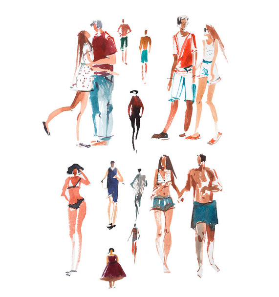 Walking people Watercolor illustration Quick sketch drawing, speed paint. - Photo, Image