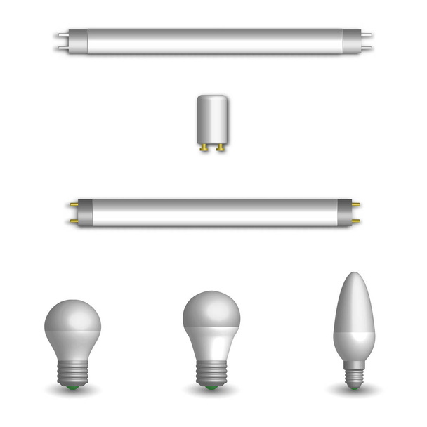 Set of various photorealistic light-emitting diode and fluorescent light bulbs. Elements for the design of electrical components. 3d style, vector illustration. - Vector, Image