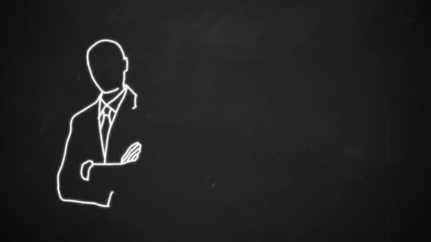hand van tekening lijnwerk tonen zakenman met wit krijt op blackboard - Video