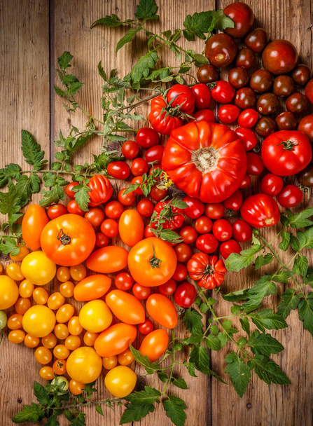 Various organic tomatoes on wooden table - Foto, Imagen