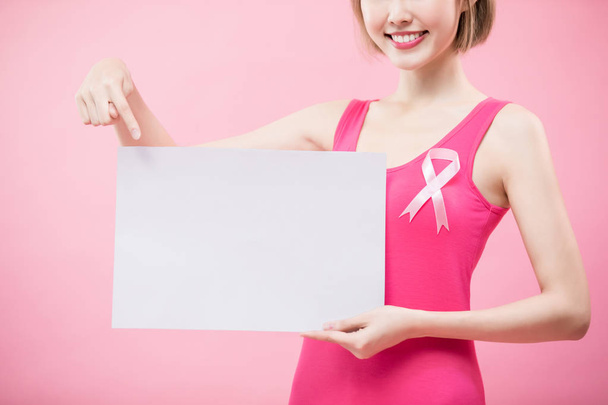 woman take white billboard with prevention breast cancer concept - Fotoğraf, Görsel