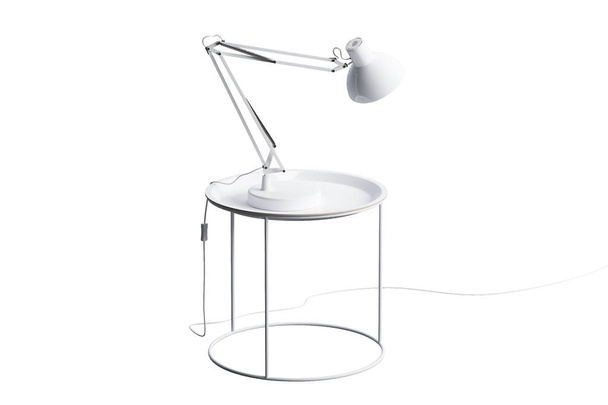 moderner weißer runder Couchtisch mit Tischlampe auf dünnen Beinen und rundem Sockel auf weißem Hintergrund mit Schatten. 3D-Darstellung. 3D-Darstellung - Foto, Bild